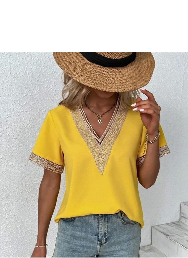 Short Sleeved V-neck Casual Ssolid Color Shirt For Women
