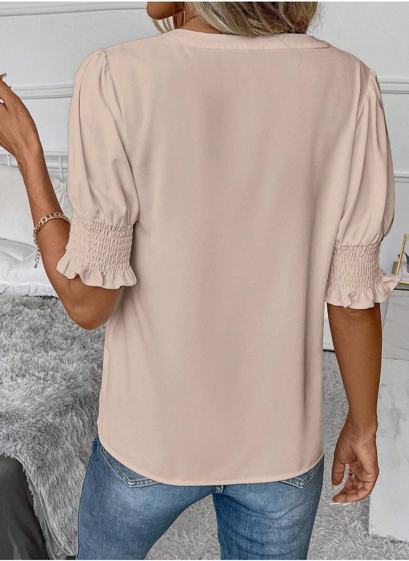 New V-neck Style Bubble Sleeve Solid Color Shirt Women's Top