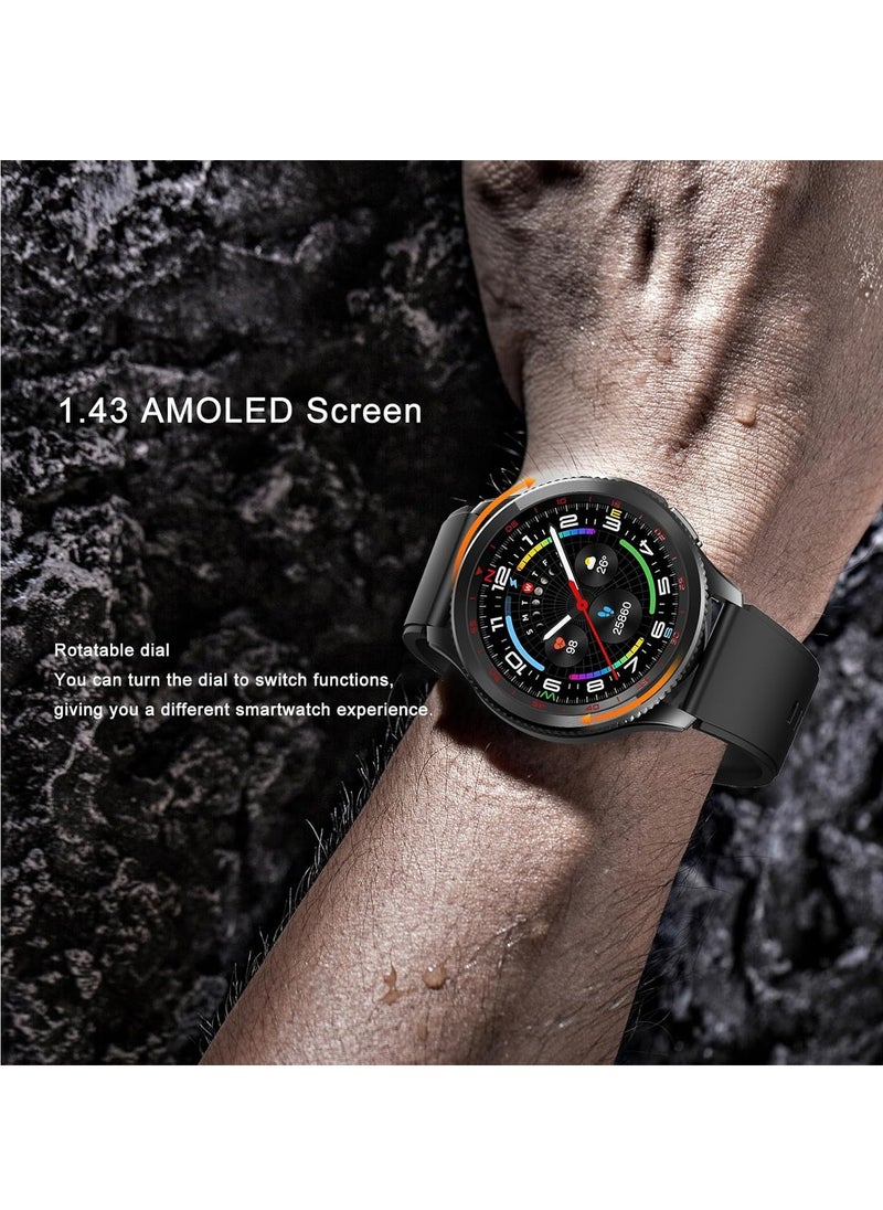 PEJE Rotatable Dial Smart Watch, Smart Watch for Men(Answer/Make Call),1.43 AMOLED Screen,123+ Sport Modes, 3ATM Waterproof Watch,with SpO2/Heart Rate/Sleep...black