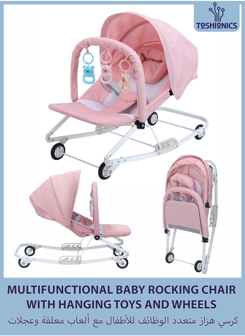 2 in 1 Baby Rocker with Wheels Adjustable Sun Shade and 3-Level Reclining Seat Hanging Toys Removable Pillow and Safety Belt for Babies 0 to 2 Years Old Boys and Girls Easy to Carry Foldable and Lightweight Rocking Chair with Wheels