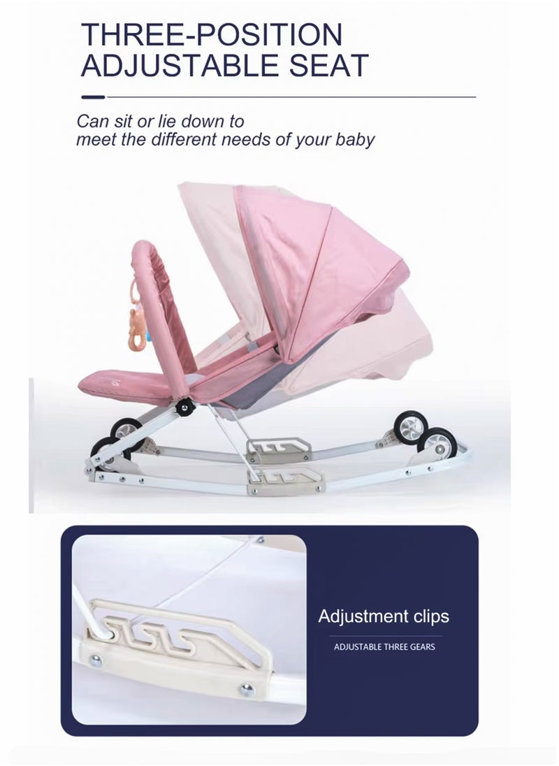 2 in 1 Baby Rocker with Wheels Adjustable Sun Shade and 3-Level Reclining Seat Hanging Toys Removable Pillow and Safety Belt for Babies 0 to 2 Years Old Boys and Girls Easy to Carry Foldable and Lightweight Rocking Chair with Wheels