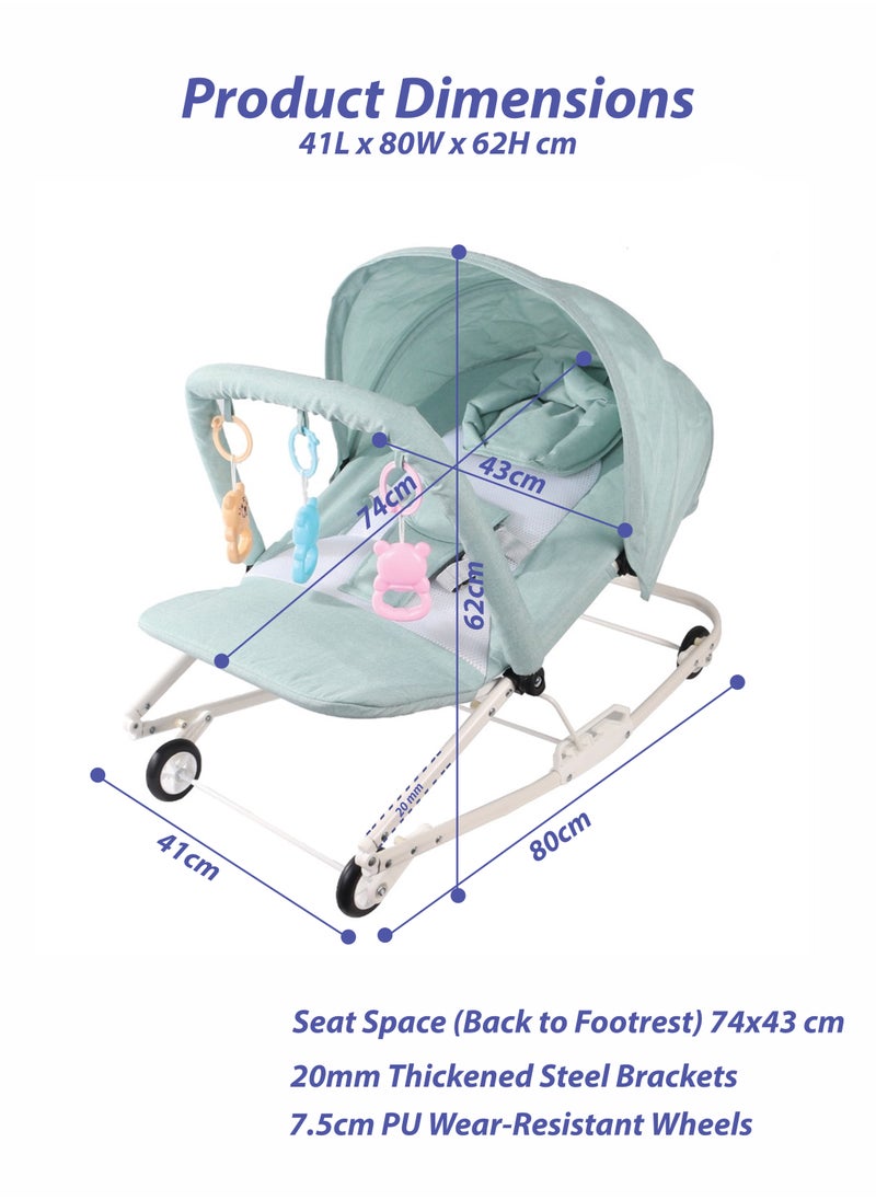 2 in 1 Baby Rocker with Wheels Adjustable Sun Shade and 3-Level Reclining Seat Hanging Toys Removable Pillow and Safety Belt for Babies 0 to 2 Years Old Boys and Girls Easy to Carry Foldable and Lightweight Rocking Chair with Wheels