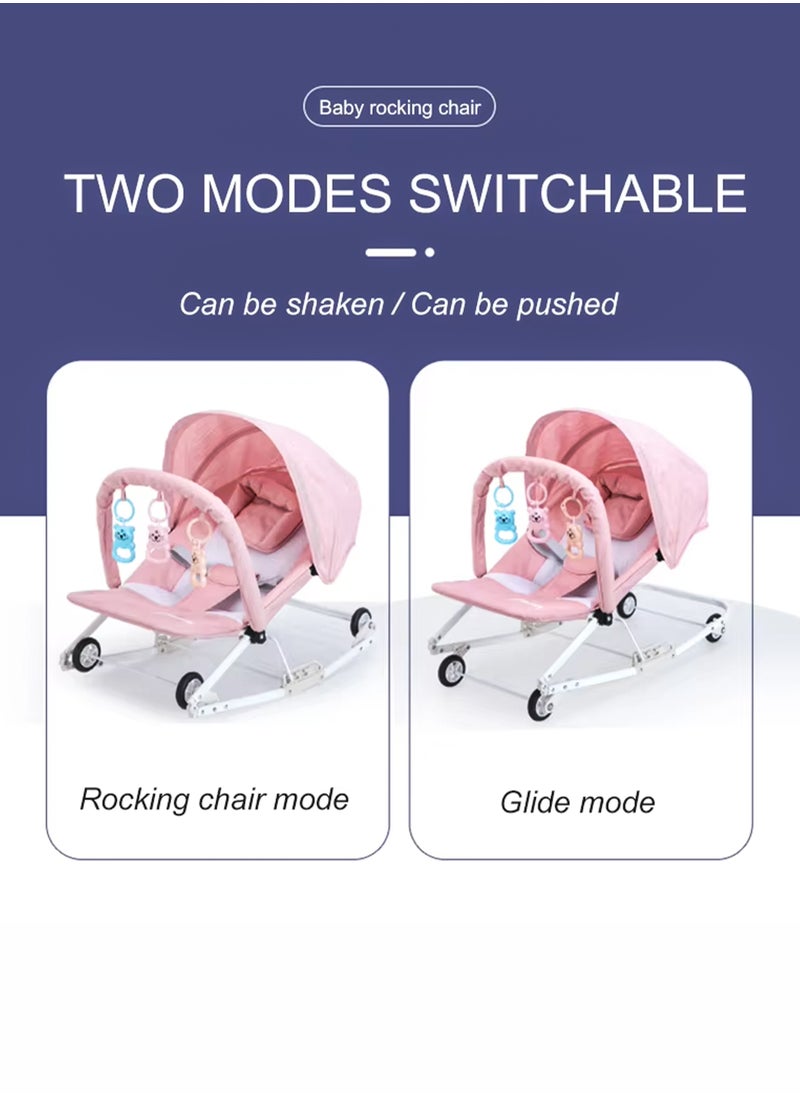 2 in 1 Baby Rocker with Wheels Adjustable Sun Shade and 3-Level Reclining Seat Hanging Toys Removable Pillow and Safety Belt for Babies 0 to 2 Years Old Boys and Girls Easy to Carry Foldable and Lightweight Rocking Chair with Wheels