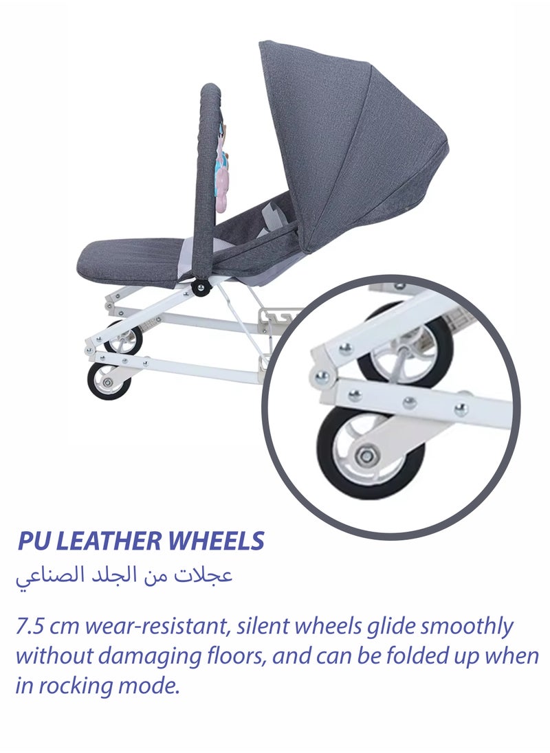2 in 1 Baby Rocker with Wheels Adjustable Sun Shade and 3-Level Reclining Seat Hanging Toys Removable Pillow and Safety Belt for Babies 0 to 2 Years Old Boys and Girls Easy to Carry Foldable and Lightweight Rocking Chair with Wheels