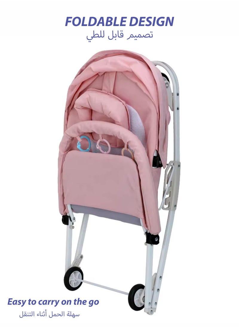 2 in 1 Baby Rocker with Wheels Adjustable Sun Shade and 3-Level Reclining Seat Hanging Toys Removable Pillow and Safety Belt for Babies 0 to 2 Years Old Boys and Girls Easy to Carry Foldable and Lightweight Rocking Chair with Wheels