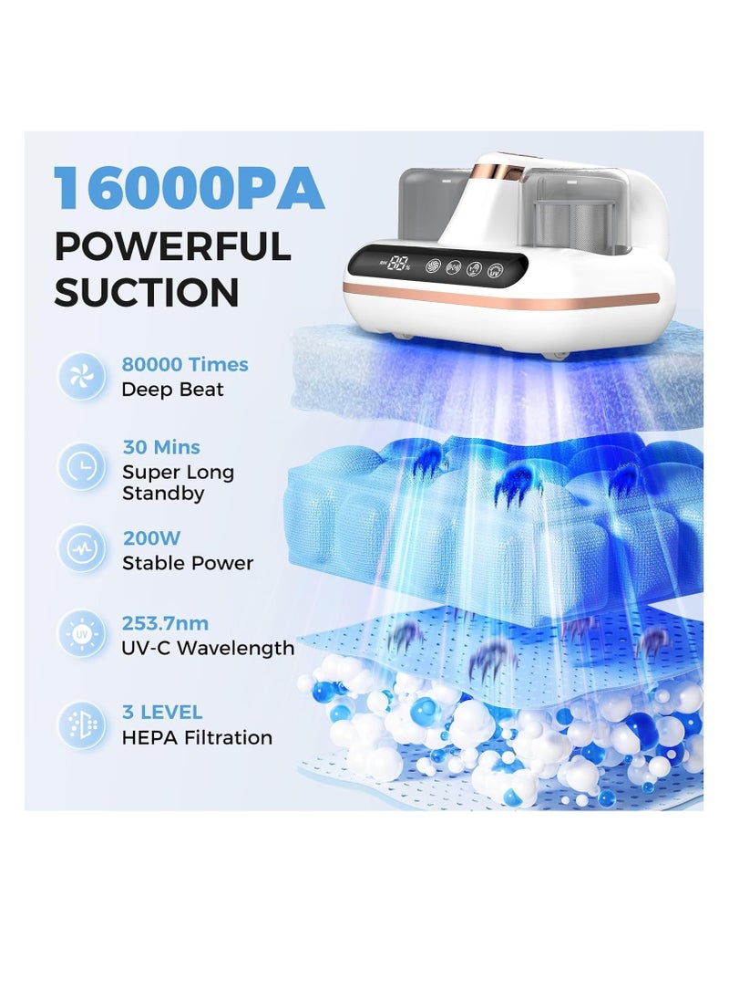 Bed Vacuum Cleaner - 5-in-1 Cordless Mattress Vacuum Cleaner, Powered by UV-C Light & ultrasonic Technology, 16Kpa Strong Suction,Low Noise,Suitable for dust, pet Hair, etc