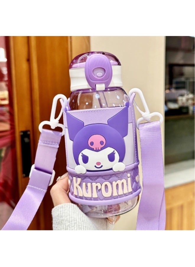Sanrio Kuromi Kids Water Bottle with Strap, Purple Character Design, Portable Drinks Container