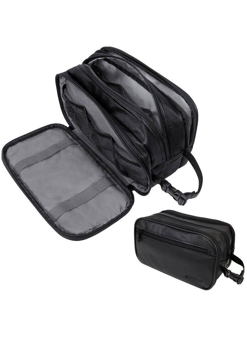 PAVILIA Toiletry Bag for Men, Travel Toiletries Bag | Water-resistant Dopp Kit, PU Leather Shaving Pouch Organizer for Accessories, Cosmetic, Hygiene, Grooming Essentials (Black)
