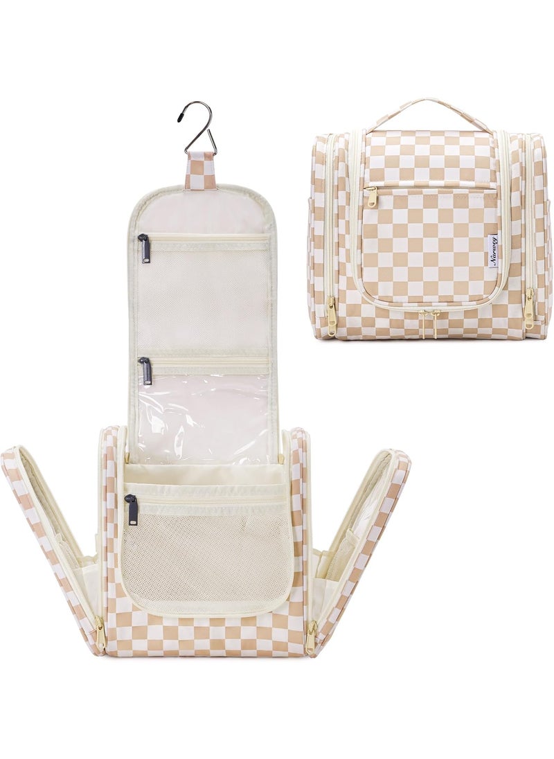 Narwey Large Hanging Toiletry Bag for Women Travel Makeup Bag Organizer Toiletries Bag Dry Wet Separation (Light Brown Checkerboard)
