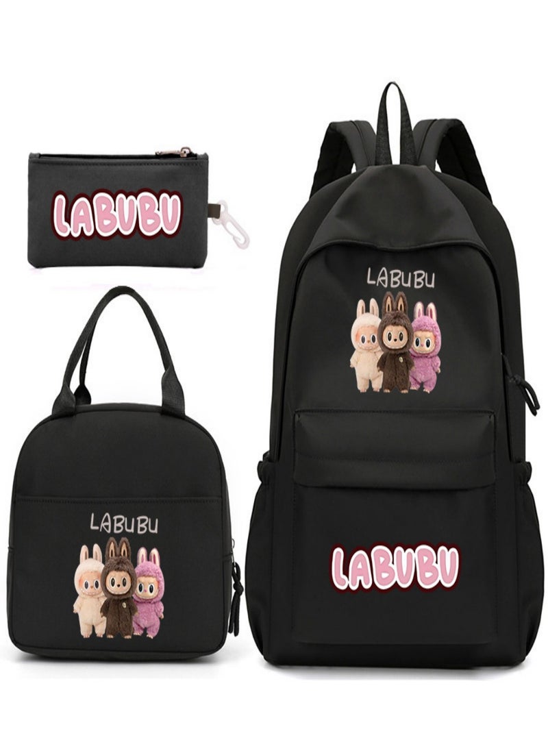 Labubu Children Backpack Schoolbag Teen Student School Book bag with Lunch Box Pen Case 3 in 1 for Kids