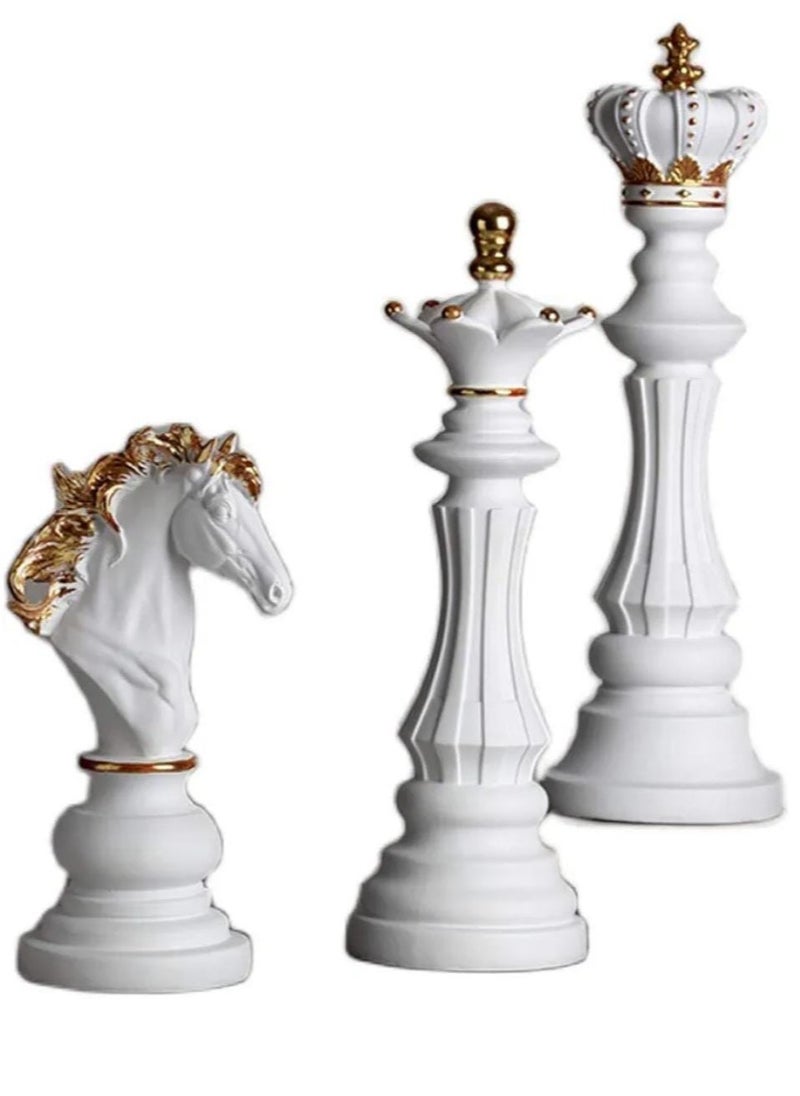 Chess Statues Set of 3 – King Queen Knight Resin Sculptures – Elegant Modern Decorative Chess Pieces for Home, Office, Living Room, Desk, Bookshelf Decor – Minimalist Resin Ornaments White