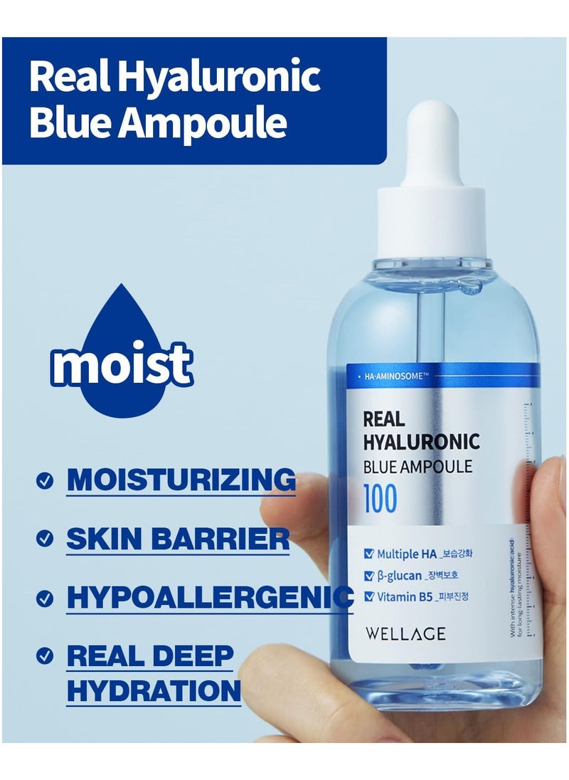 Real Hyaluronic Blue Ampoule 100,  Hydrating Non Sticky Serum for Sensitive Dry Skin 2.54 fl.oz. 2 Pack