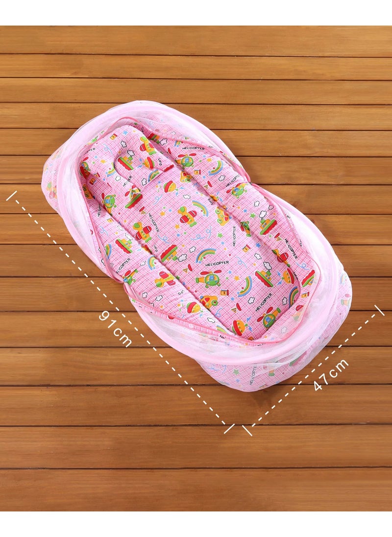Babyhug Zip-Up Mosquito Net Bedding Set for Babies, Star Print, Pink, Soft Cotton Fabric, Foldable - 91x47cm