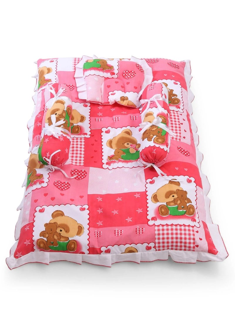 Babyhug Cotton Teddy Print Bedding Set with Pillow and Bolsters for 0-12 Months - Soft Mattress, Zippered, Red
