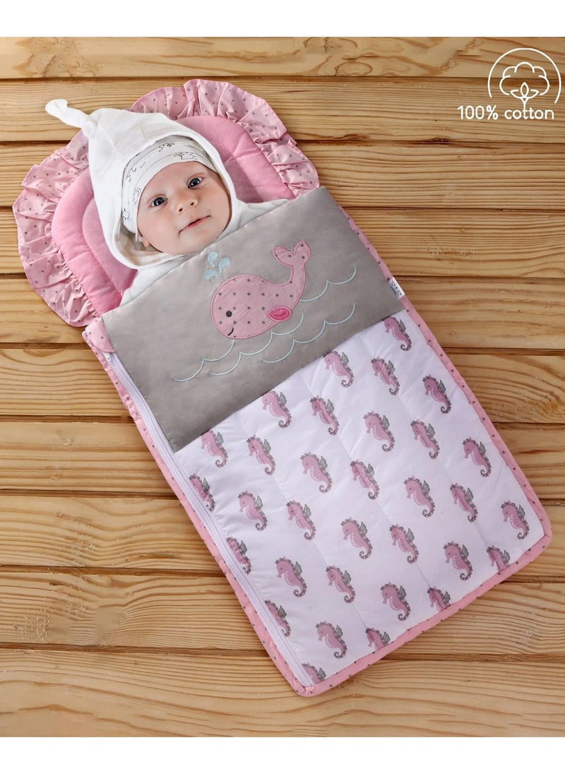 Babyhug Seahorse Print Zipper Nest Bag for Infants 0-10 Months - Cotton, Portable, 70x36cm