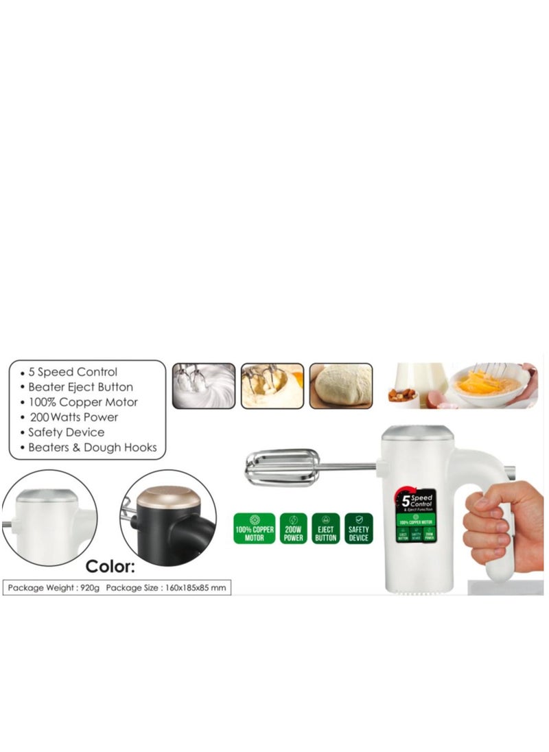 200W Electric Hand Mixer – 5-Speed Stainless Steel Egg Whisk & Food Beater – Powerful Handheld Mixer for Baking, Cake Batter, Cream, Dough – Lightweight, Easy Clean