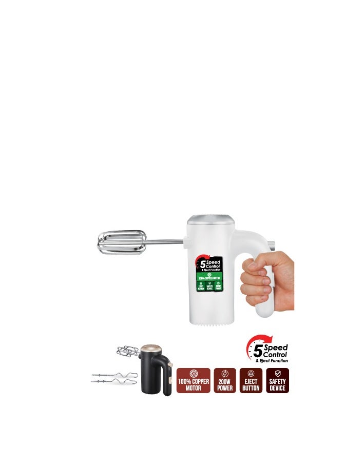 200W Electric Hand Mixer – 5-Speed Stainless Steel Egg Whisk & Food Beater – Powerful Handheld Mixer for Baking, Cake Batter, Cream, Dough – Lightweight, Easy Clean