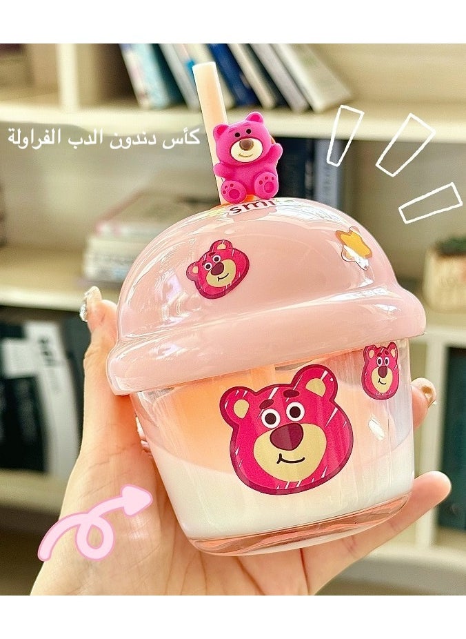 Strawberry Bear Glass Cup with Silicone Straw – BPA-Free 210ml Cartoon Tumbler for Kids, Leakproof Milk/Juice Cup for Home & Travel, Dishwasher-Safe Cute Drinking Bottle