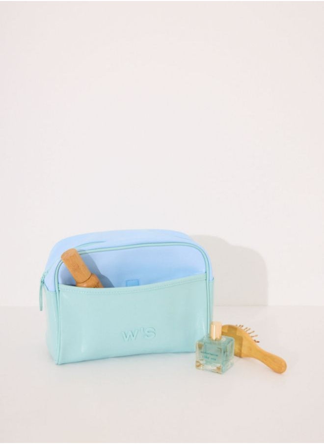 Large blue and green vanity case leather toiletry bag