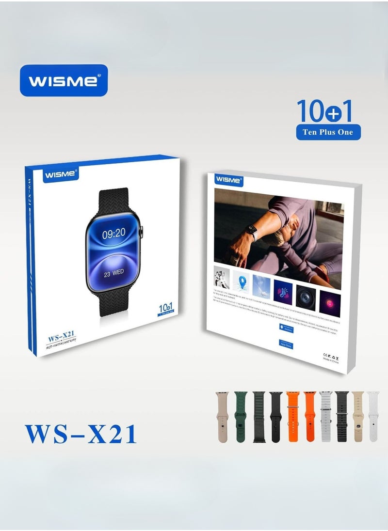 WISME WS-X21 Sleek Design HD Display Smartwatch With 10 Pair Straps and Charging Cable Designed for Ladies and Gents | Black