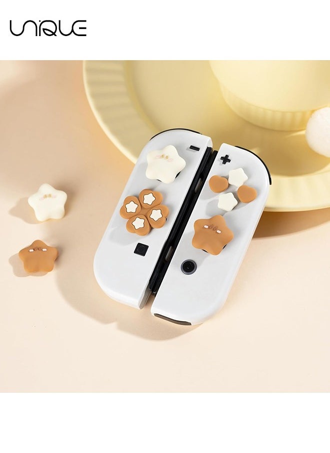 7 Piece Set Cross D-Pad Button Caps Thumb Grips Set - Compatible with Nintendo Switch/Switch OLED - Cute 3D Soft Silicone ABXY Buttons Sticker Joystick Cover Caps - Brown and Cream White Stars