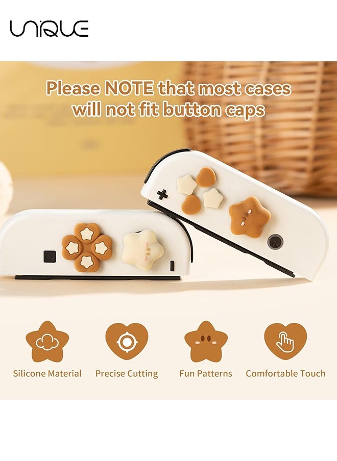 7 Piece Set Cross D-Pad Button Caps Thumb Grips Set - Compatible with Nintendo Switch/Switch OLED - Cute 3D Soft Silicone ABXY Buttons Sticker Joystick Cover Caps - Brown and Cream White Stars