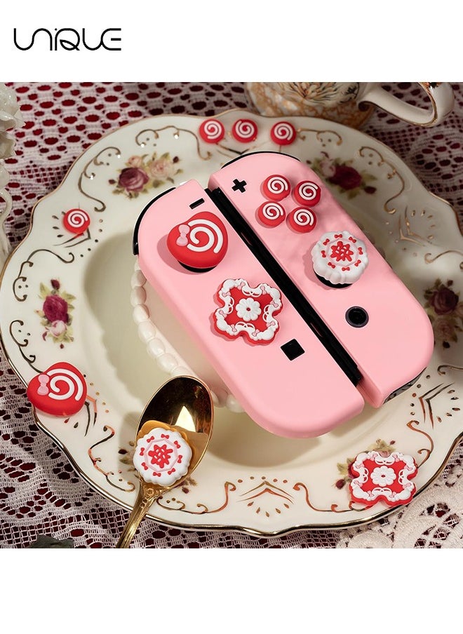 7 Piece Set Cross D-Pad Button Caps Thumb Grips Set - Compatible with Nintendo Switch/Switch OLED - Cute 3D Soft Silicone ABXY Buttons Sticker Joystick Cover Caps - Strawberry Cream Cake