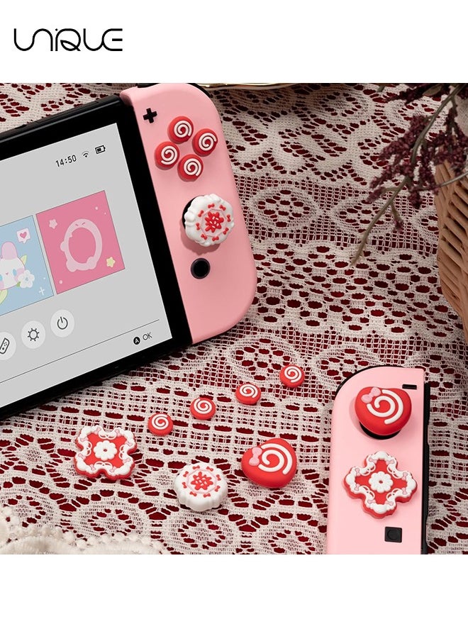 7 Piece Set Cross D-Pad Button Caps Thumb Grips Set - Compatible with Nintendo Switch/Switch OLED - Cute 3D Soft Silicone ABXY Buttons Sticker Joystick Cover Caps - Strawberry Cream Cake