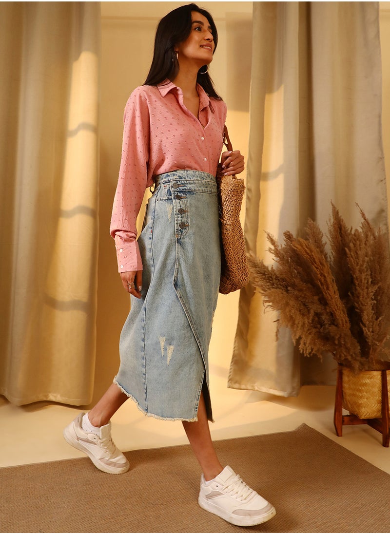 Women's Light Blue Asymmetrical Midi Denim Skirt