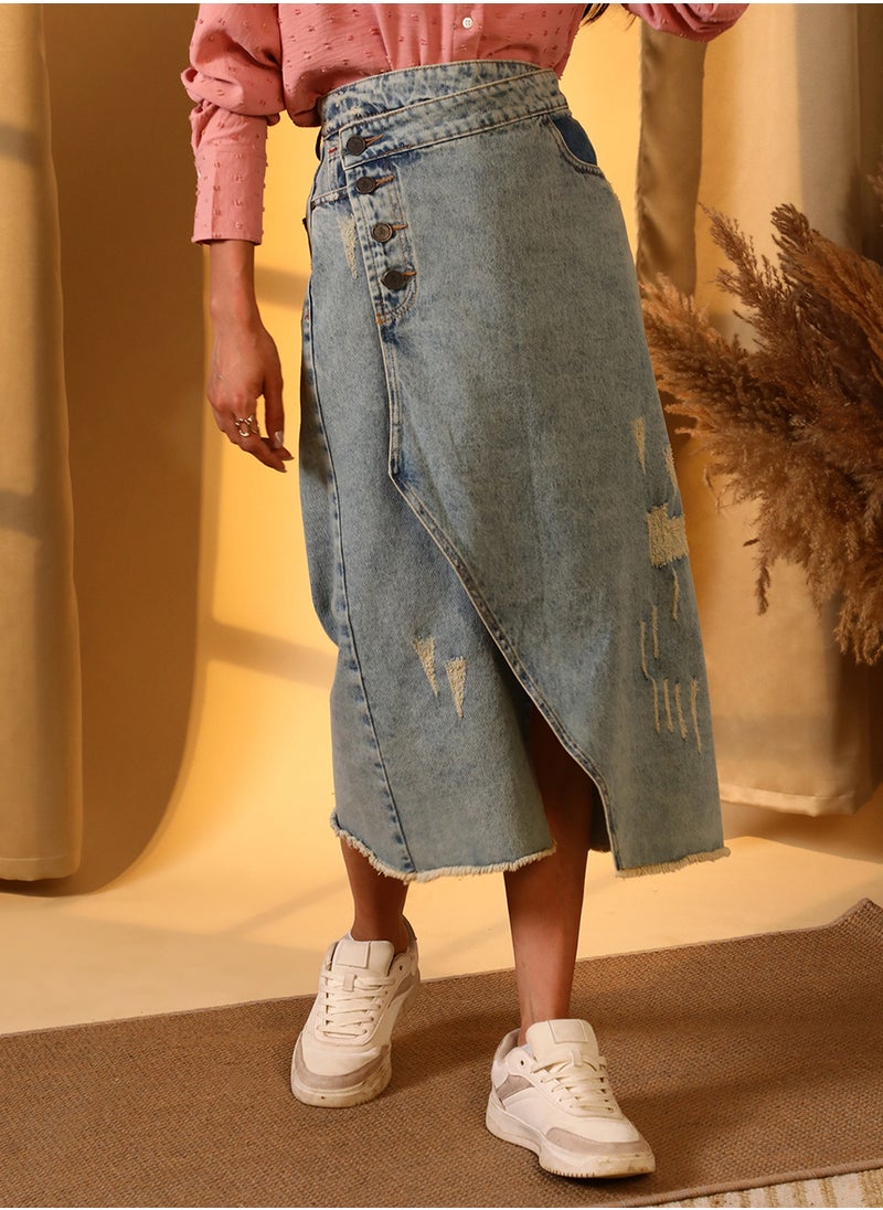 Women's Light Blue Asymmetrical Midi Denim Skirt