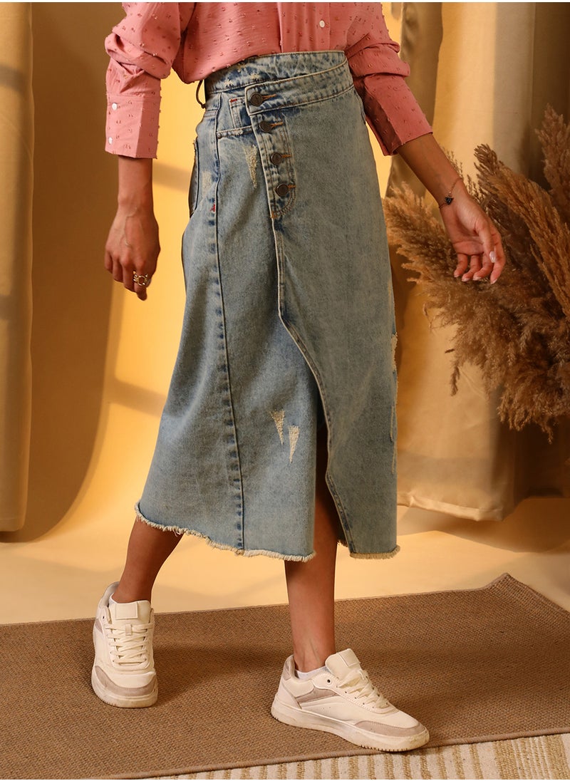 Women's Light Blue Asymmetrical Midi Denim Skirt