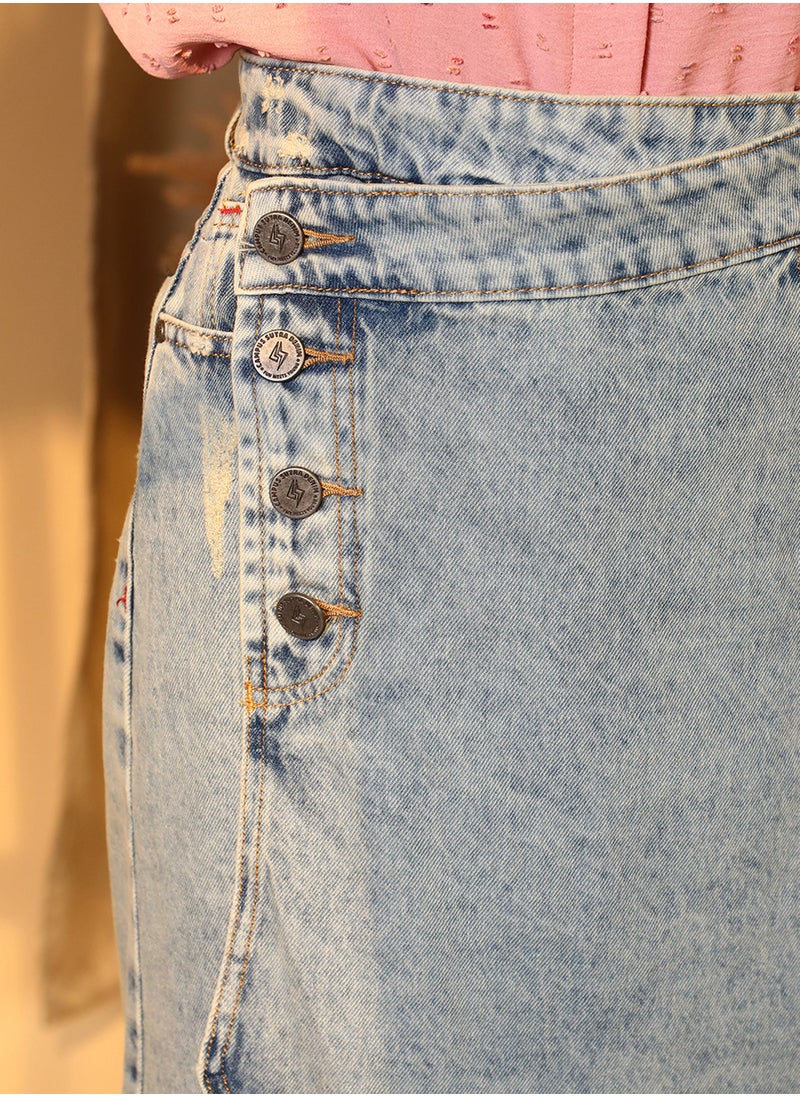 Women's Light Blue Asymmetrical Midi Denim Skirt