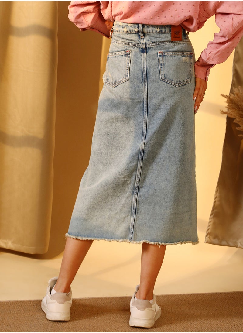 Women's Light Blue Asymmetrical Midi Denim Skirt