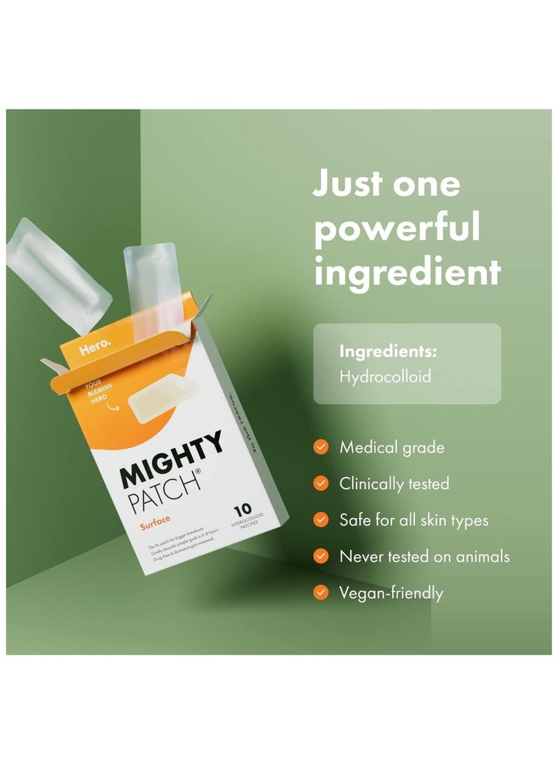 Mighty Patch Surface - Hydrocolloid Large Acne Pimple Patch Spot Treatment (10 count) for Body and Larger Breakouts on Cheek, Forehead, Chin, Vegan, Cruelty-Free, 50% Better Absorption