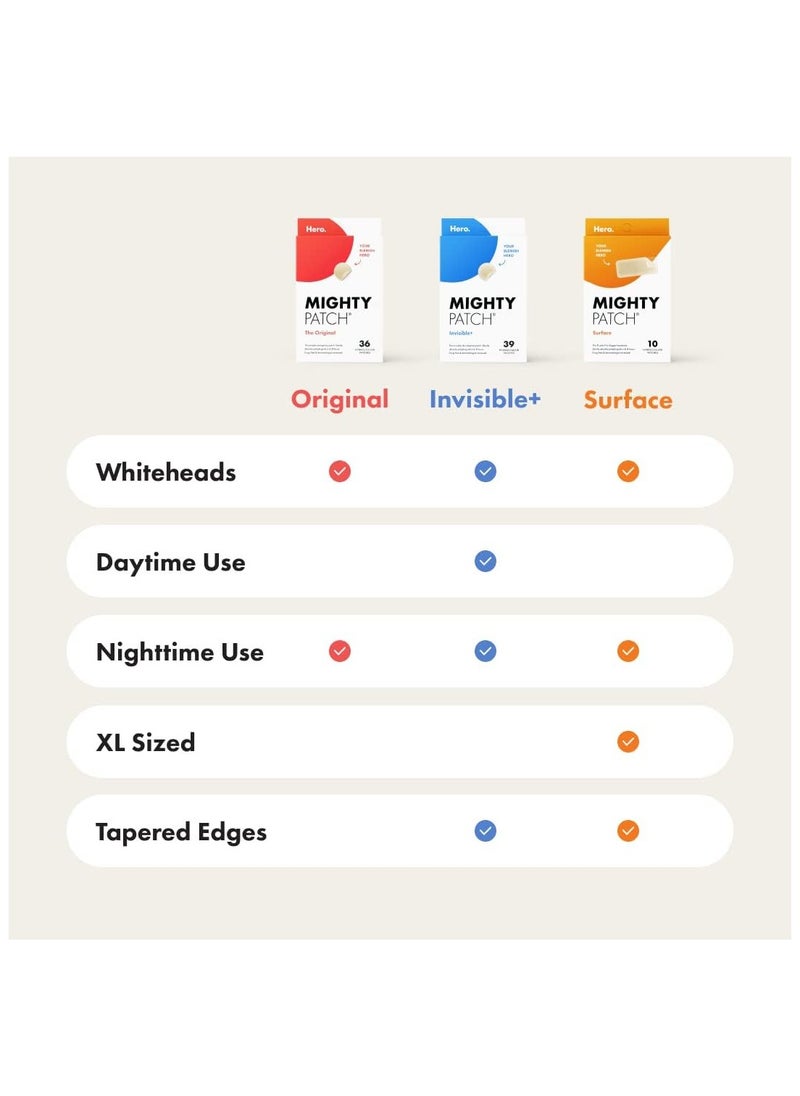 Mighty Patch Surface - Hydrocolloid Large Acne Pimple Patch Spot Treatment (10 count) for Body and Larger Breakouts on Cheek, Forehead, Chin, Vegan, Cruelty-Free, 50% Better Absorption