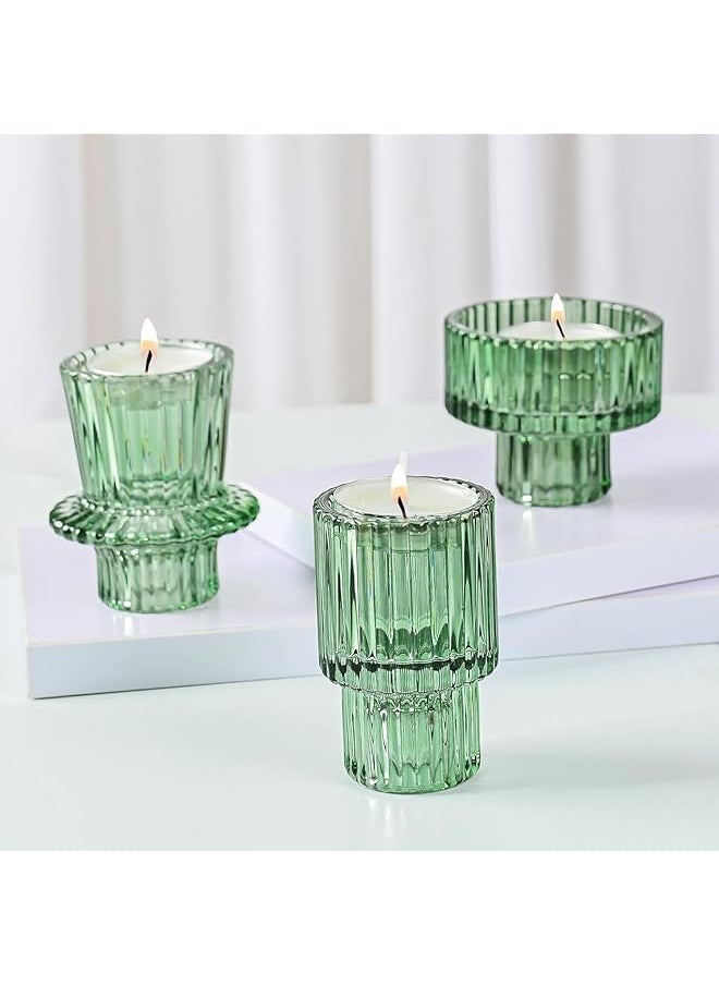 Glass Candle Holder, Reversible Candle Sticks Holder Decor, Taper Votive Candle Holder for Various Shapes of Candles, Candlestick Holders for Table Centerpieces Wedding Dinner (Green)