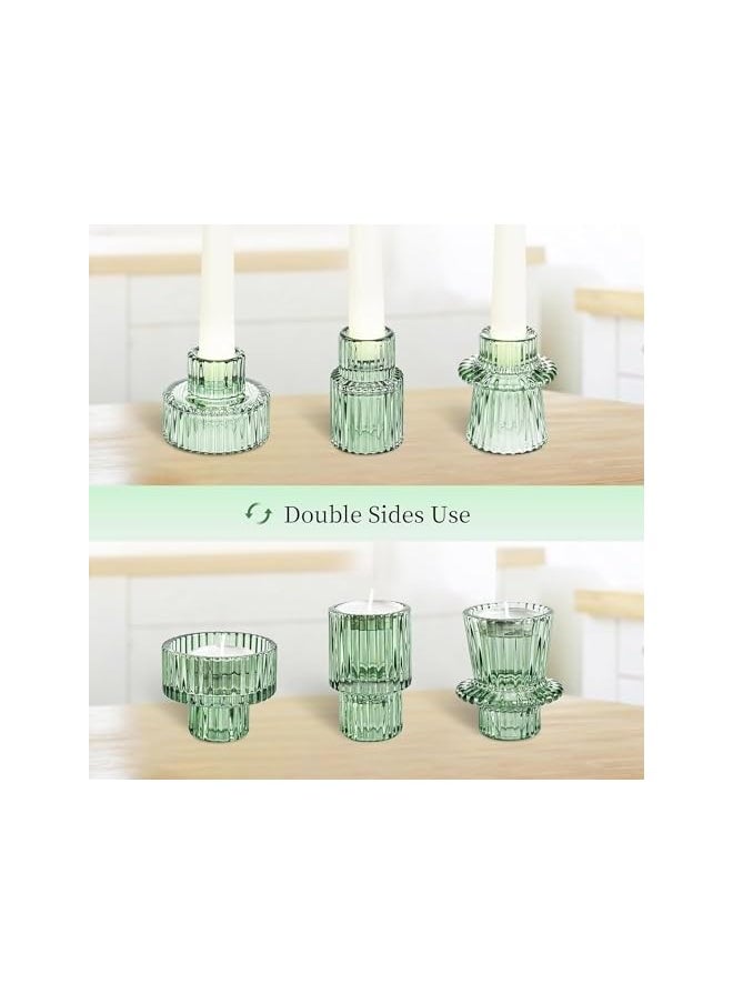 Glass Candle Holder, Reversible Candle Sticks Holder Decor, Taper Votive Candle Holder for Various Shapes of Candles, Candlestick Holders for Table Centerpieces Wedding Dinner (Green)