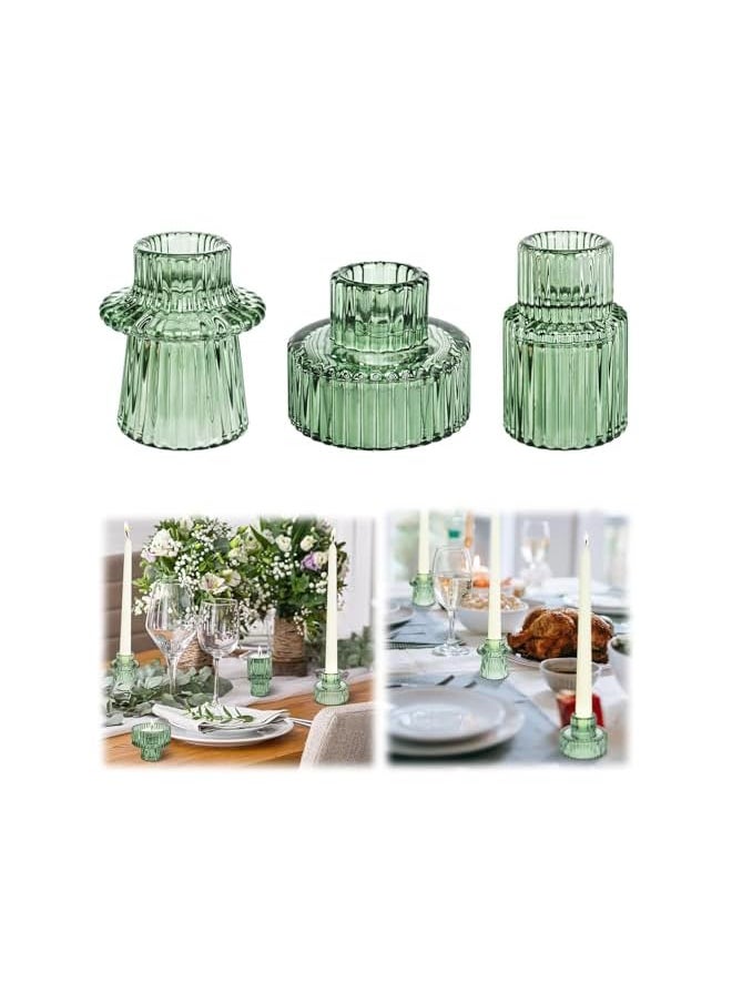 Glass Candle Holder, Reversible Candle Sticks Holder Decor, Taper Votive Candle Holder for Various Shapes of Candles, Candlestick Holders for Table Centerpieces Wedding Dinner (Green)