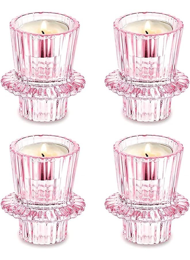Glass Candlestick Holders Set of 4 for Taper Candles,Tealight Candels and Pillar Candles,Pink Decoative Candle Holders for Wedding Party and Festival (Shape 2)