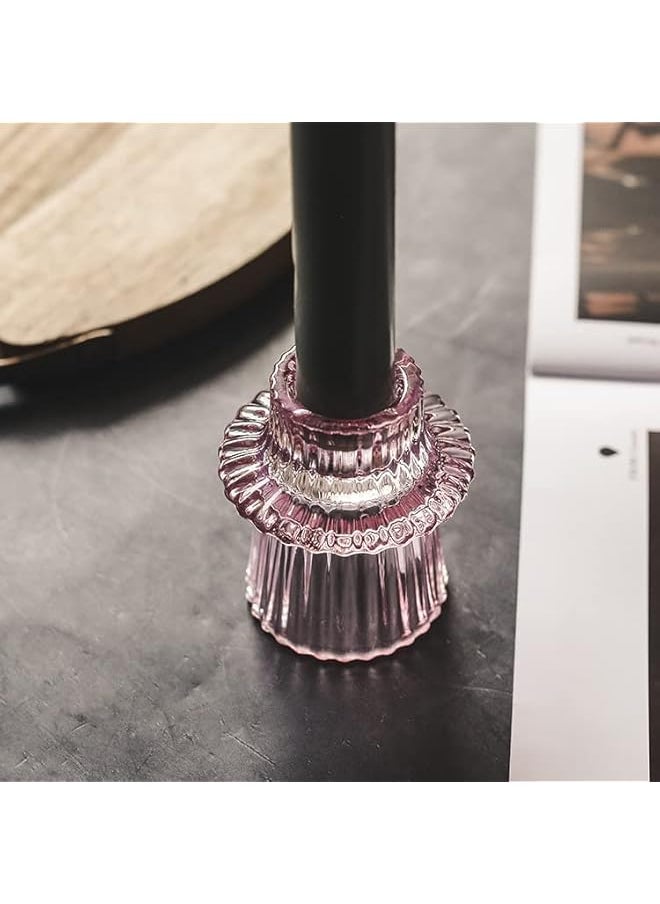 Glass Candlestick Holders Set of 4 for Taper Candles,Tealight Candels and Pillar Candles,Pink Decoative Candle Holders for Wedding Party and Festival (Shape 2)
