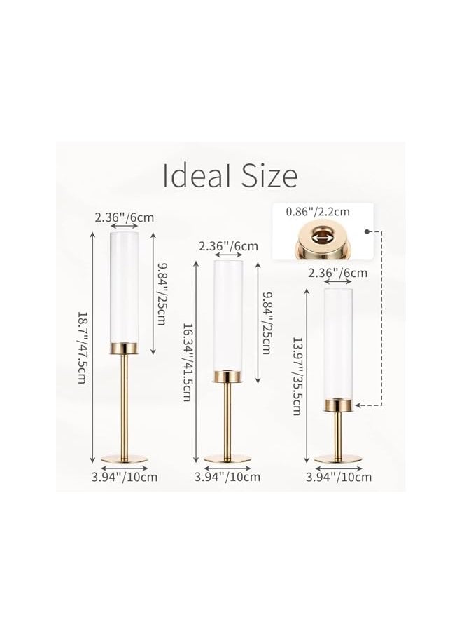 Gold Candle Holders for Candlesticks, Taper Candle Holders with Removable Glass, Tall Brass Candlestick Holders, Long Candle Stand for Wedding, Dinner, Party, Anniversary, Diwali, 3Pcs
