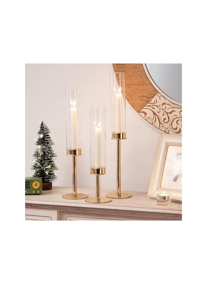 Gold Candle Holders for Candlesticks, Taper Candle Holders with Removable Glass, Tall Brass Candlestick Holders, Long Candle Stand for Wedding, Dinner, Party, Anniversary, Diwali, 3Pcs