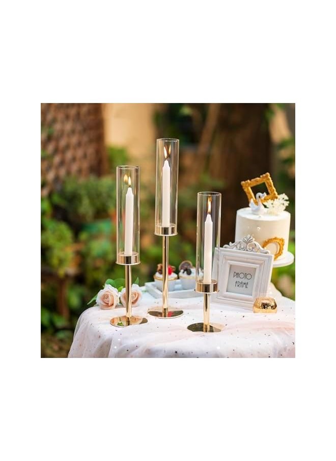 Gold Candle Holders for Candlesticks, Taper Candle Holders with Removable Glass, Tall Brass Candlestick Holders, Long Candle Stand for Wedding, Dinner, Party, Anniversary, Diwali, 3Pcs