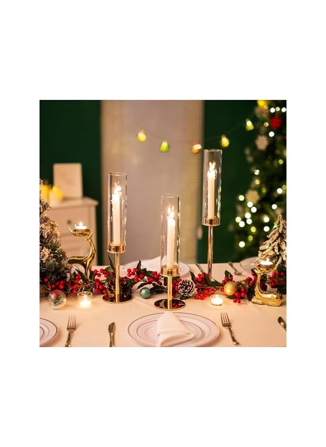 Gold Candle Holders for Candlesticks, Taper Candle Holders with Removable Glass, Tall Brass Candlestick Holders, Long Candle Stand for Wedding, Dinner, Party, Anniversary, Diwali, 3Pcs