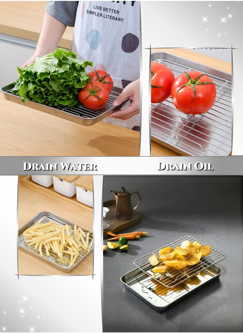 Square Multi-functional Stainless Steel Grilling Pans BBQ Tray Set with Draining Net, Serving Trays, Thickened Wire Drawing Process, High and Low Temperature Resistance, Oil Drainage,  for Baking, BBQ, Meat Marinating, with Ovens, Refrigerators, Outdoor Barbecues,  Tray for Kitchen, Holiday Party, Picnics,Camping