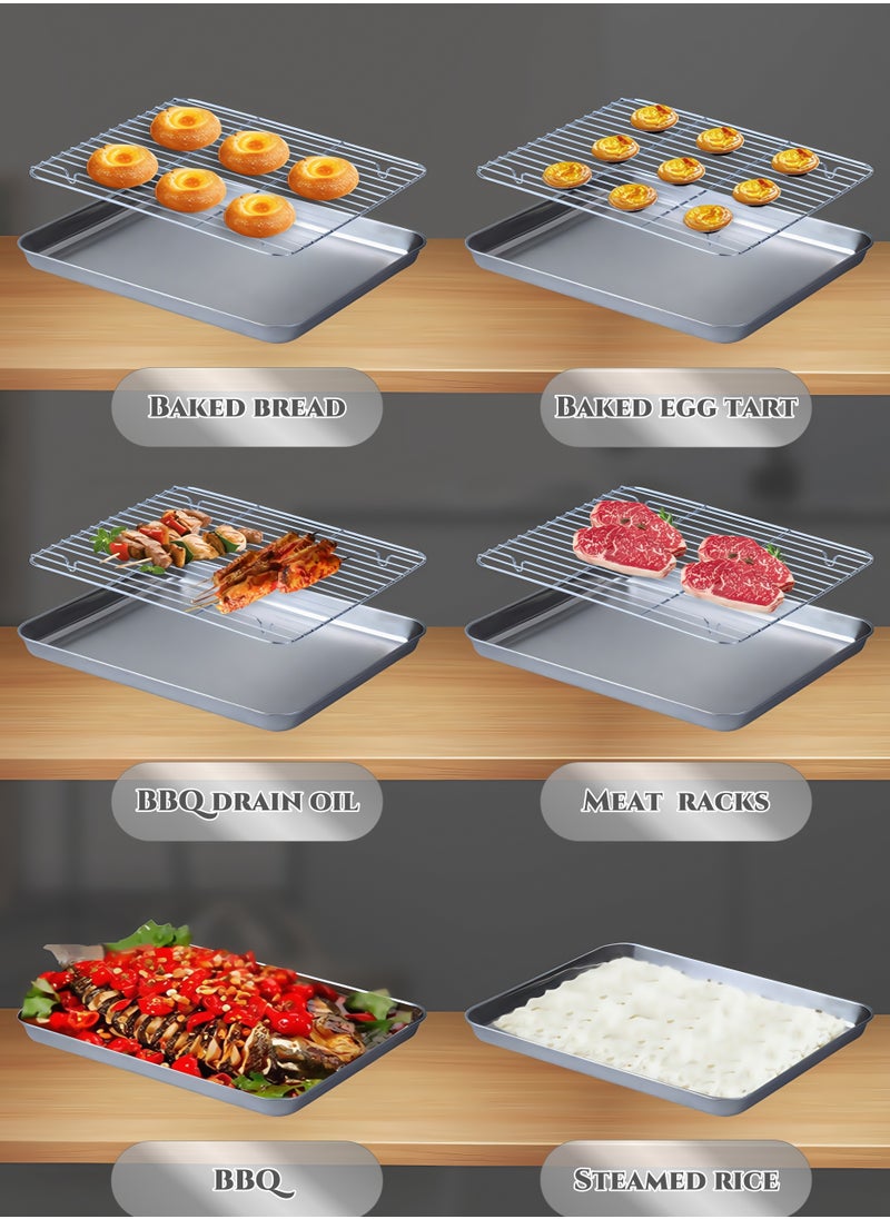Square Multi-functional Stainless Steel Grilling Pans BBQ Tray Set with Draining Net, Serving Trays, Thickened Wire Drawing Process, High and Low Temperature Resistance, Oil Drainage,  for Baking, BBQ, Meat Marinating, with Ovens, Refrigerators, Outdoor Barbecues,  Tray for Kitchen, Holiday Party, Picnics,Camping