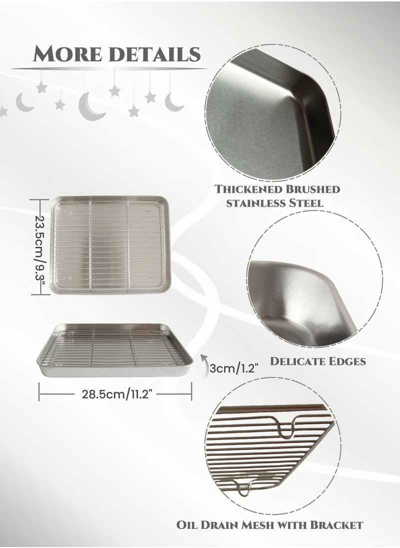 Square Multi-functional Stainless Steel Grilling Pans BBQ Tray Set with Draining Net, Serving Trays, Thickened Wire Drawing Process, High and Low Temperature Resistance, Oil Drainage,  for Baking, BBQ, Meat Marinating, with Ovens, Refrigerators, Outdoor Barbecues,  Tray for Kitchen, Holiday Party, Picnics,Camping