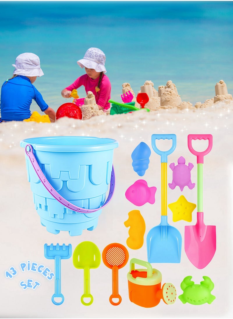 13 Pieces Children's Beach Sand Toys Set with Mesh Bag,Large Sand Shovel,  Beach Castle Bucket,Sand Digging Tools, Colorful, Durable, for Family Beach Vacations, Playing in the Sand in the Park,Kid's Bathing and Splashing, Summer Outdoor Activities,for Toddlers Kids Boys Girls Baby(Blue)