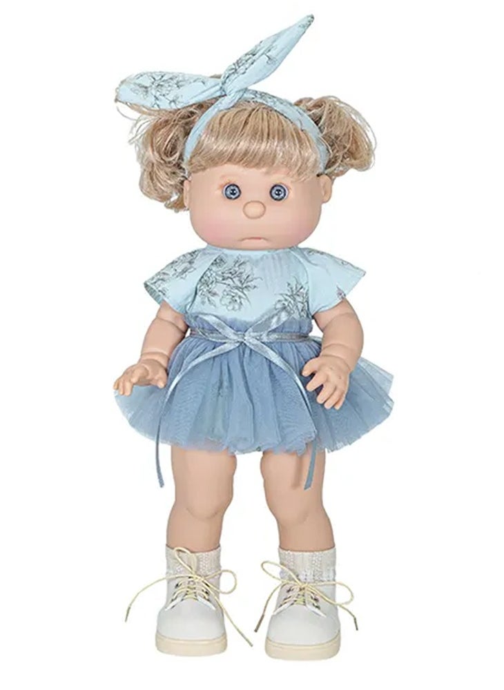 Fashion Baby Doll 40 cm – Blue Plush Top, Plaid Skirt, Polka Dot Hair Bow & Boots – Gift Display Box