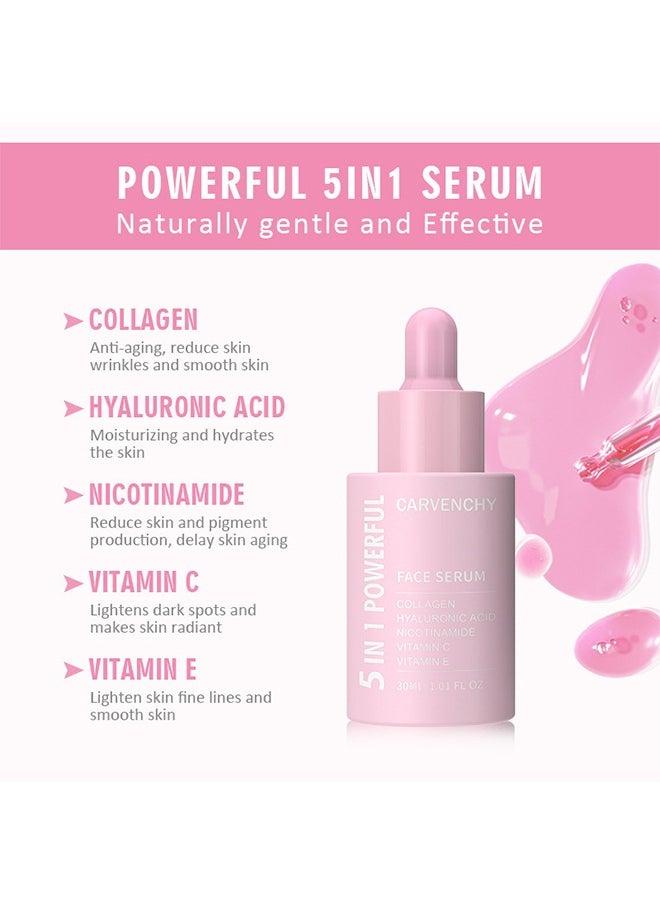 5 In 1 Powerful Face Serum, Hyaluronic Acid Serum With Vitamin C And E , For Moisturizing Brightening Face Serum Anti-Aging Facial Serum For Dark Spots, Fine Lines And Wrinkles Smooth Skin 30ML